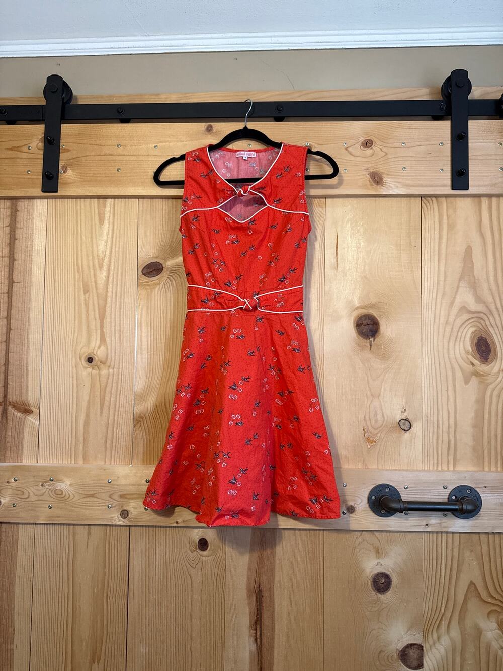 Trollied Dolly Mod Cloth Red/Orange Sleeveless Poplin Dress Bird Floral Size S